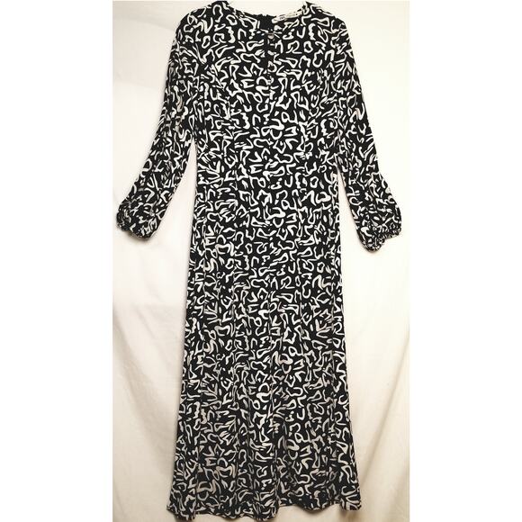 Zara Career Viscose Dress Black & White Maxi Length Balloon Sleeves SZ L - Picture 1 of 10